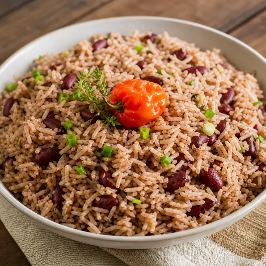 Fluffy Jamaican rice and peas with red kidney beans and coconut seasoning.