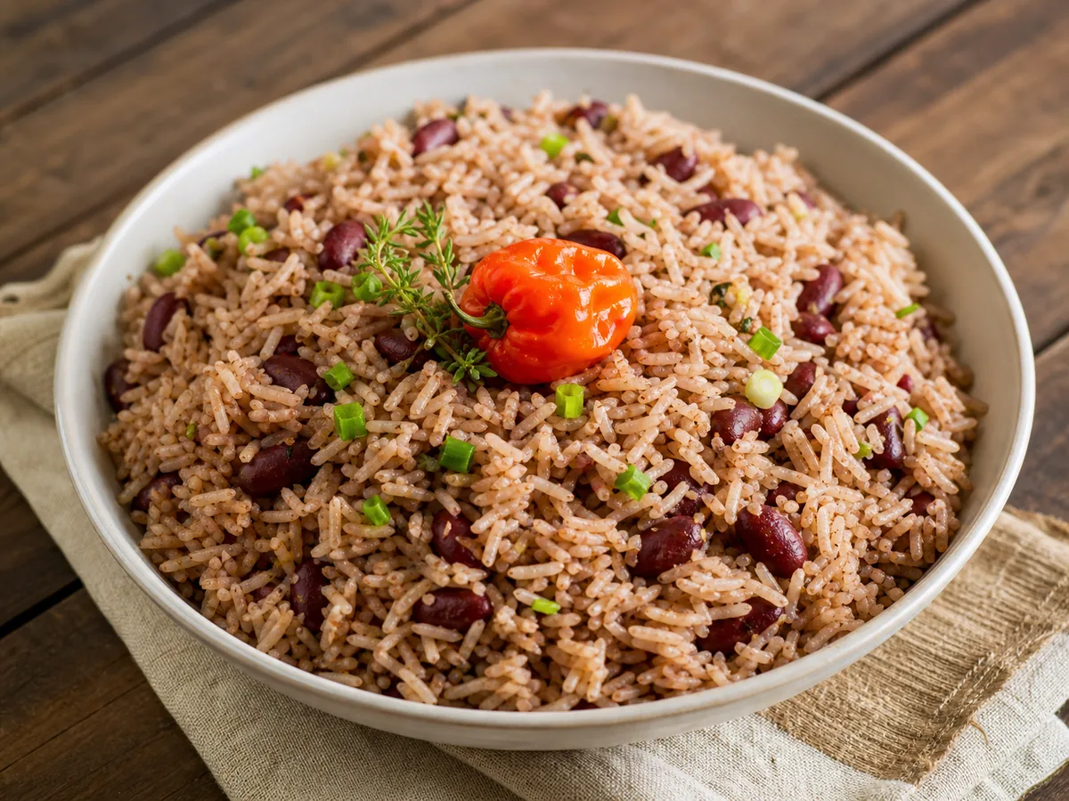 Fluffy Jamaican rice and peas with red kidney beans and coconut seasoning.