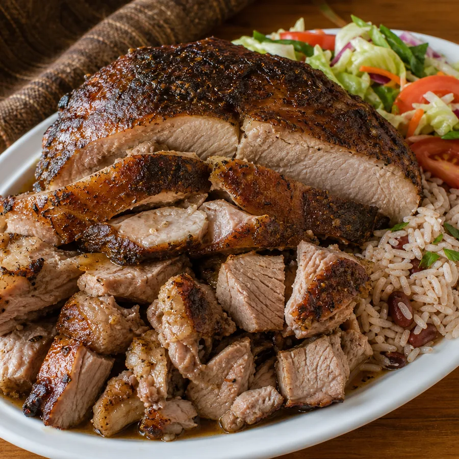 Sliced Jamaican roast pork with a deeply browned seasoned crust, pan juices, rice and fresh salad.