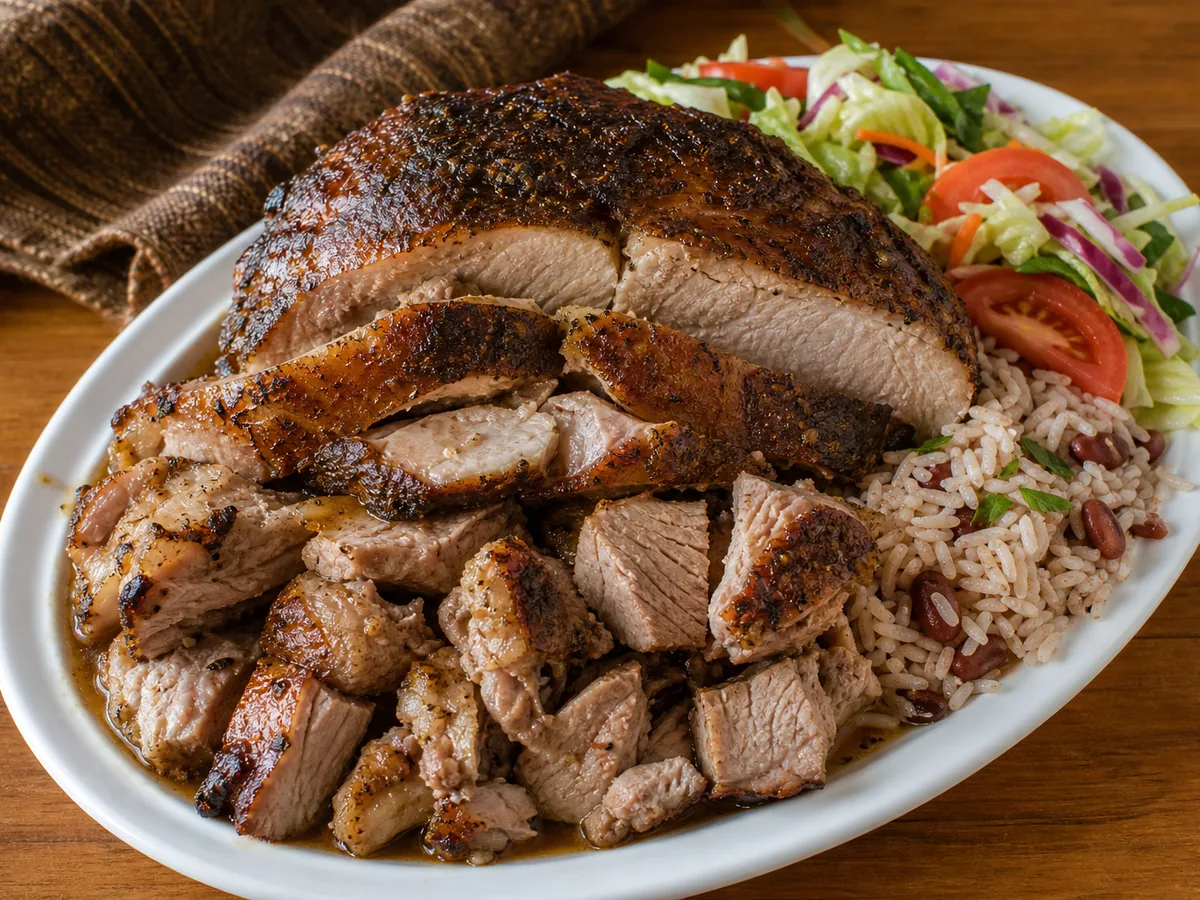 Sliced Jamaican roast pork with a deeply browned seasoned crust, pan juices, rice and fresh salad.