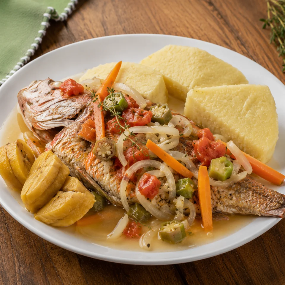 Jamaican steamed fish with onions, carrots, tomato and okra, served with ground provisions.