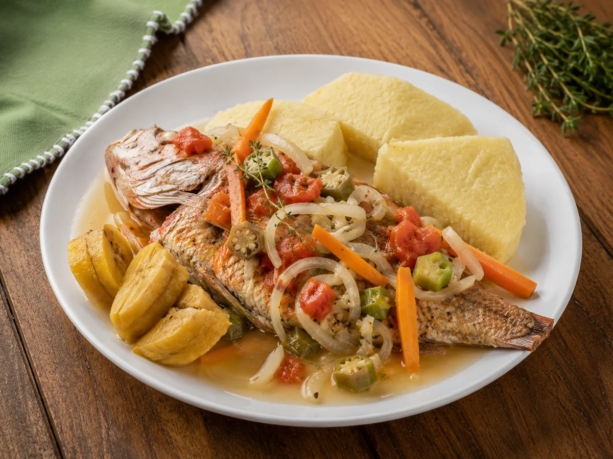 Jamaican steamed fish with onions, carrots, tomato and okra, served with ground provisions.