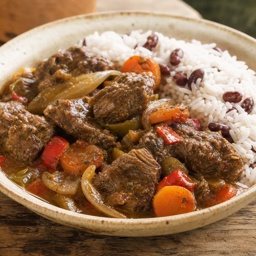 Jamaican stew pork in brown gravy with carrot, onion and sweet pepper, served with rice and peas.