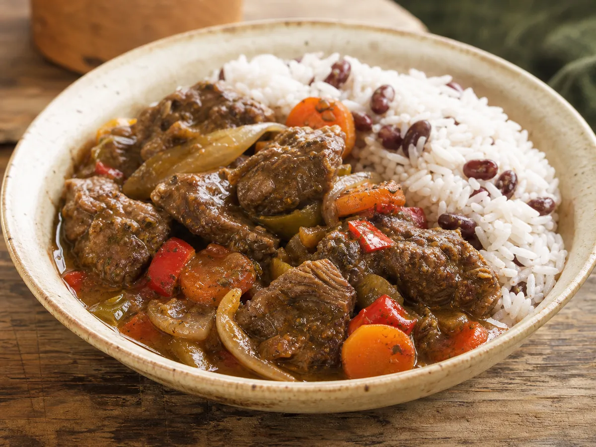 Jamaican stew pork in brown gravy with carrot, onion and sweet pepper, served with rice and peas.
