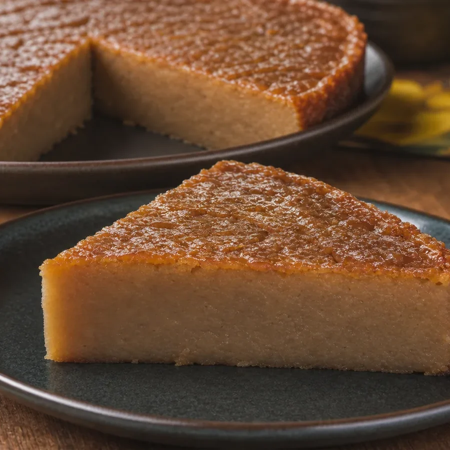 Dense moist slice of Jamaican sweet potato pudding with a softer glossy top and raisins.