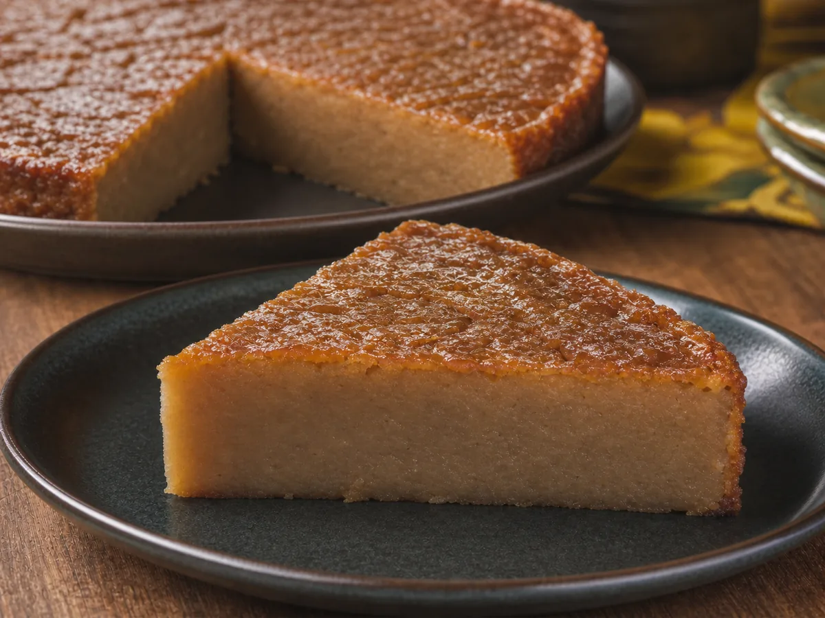 Dense moist slice of Jamaican sweet potato pudding with a softer glossy top and raisins.
