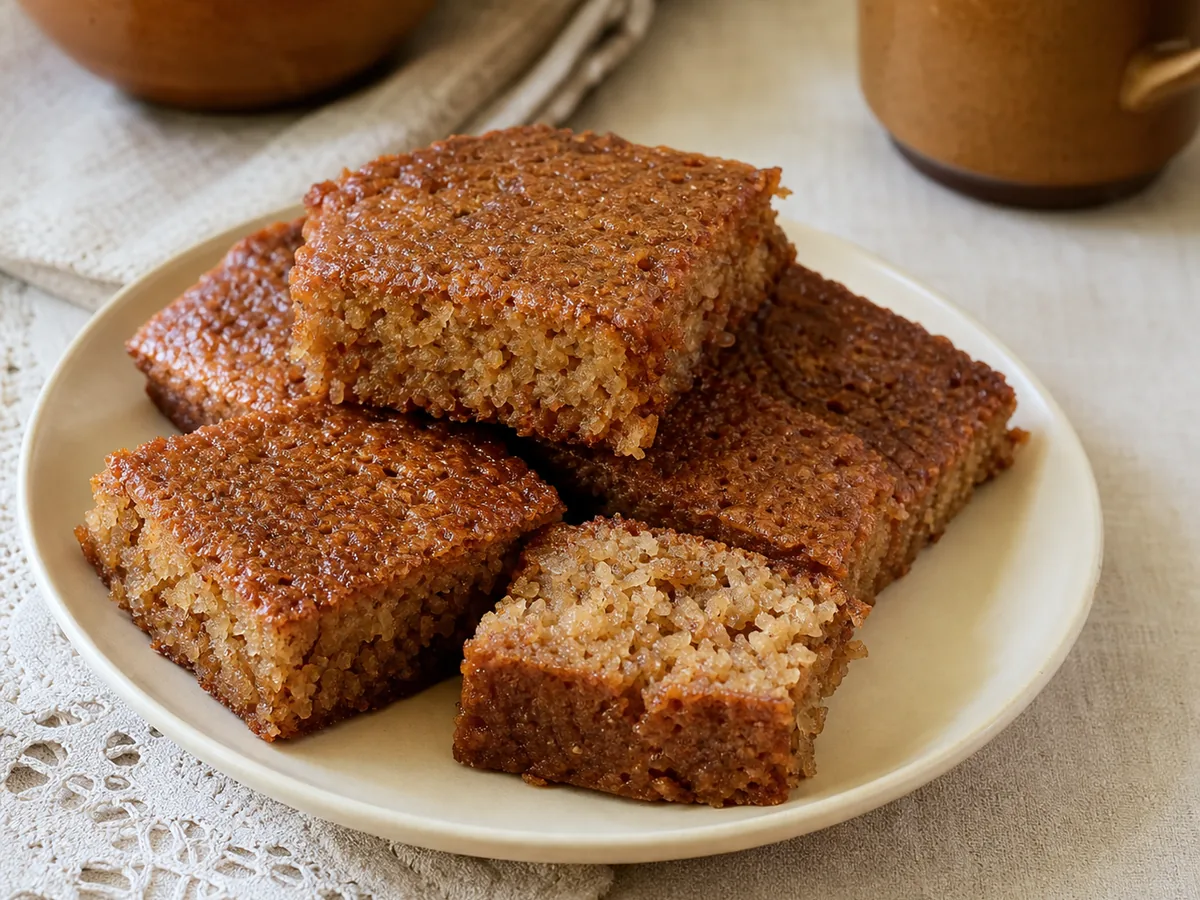 Hand-cut squares of Jamaican coconut toto showing their moist compact crumb.